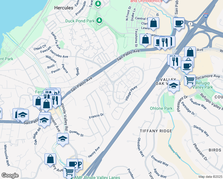 map of restaurants, bars, coffee shops, grocery stores, and more near 6 Glenwood in Hercules