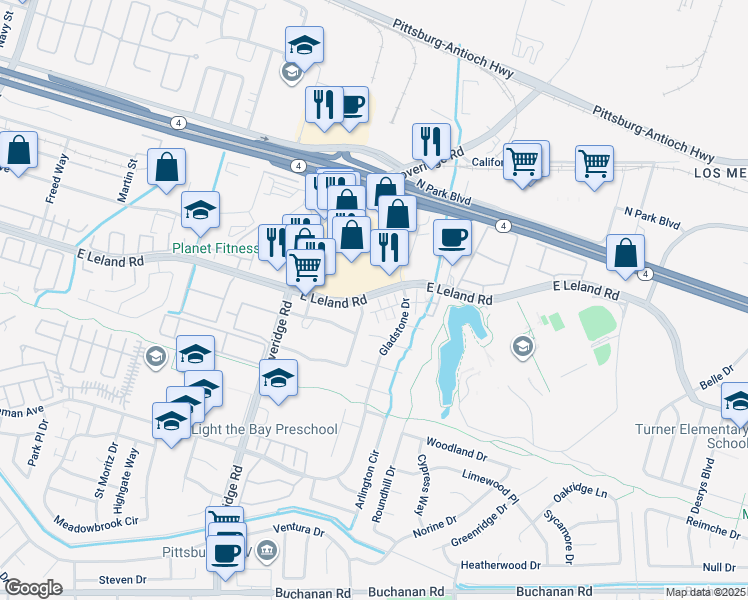 map of restaurants, bars, coffee shops, grocery stores, and more near 42 Mercury Court in Pittsburg