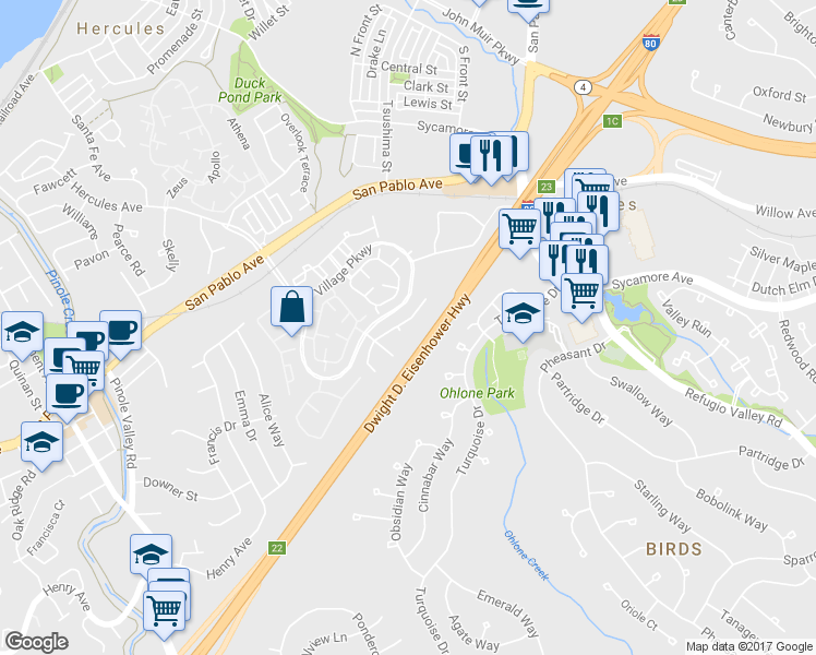 map of restaurants, bars, coffee shops, grocery stores, and more near 11 Bonny Doone in Hercules