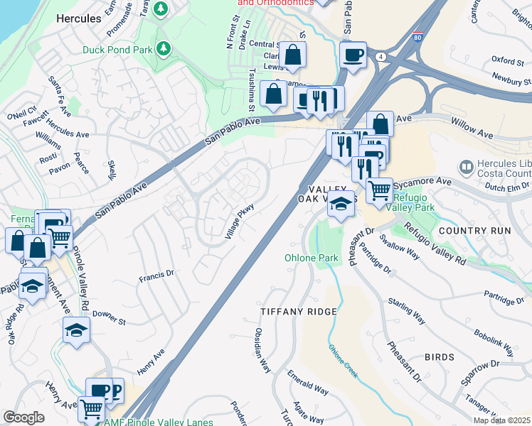 map of restaurants, bars, coffee shops, grocery stores, and more near 11 Bonny Doone in Hercules