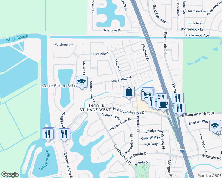 map of restaurants, bars, coffee shops, grocery stores, and more near 6804 Stonewall Court in Stockton