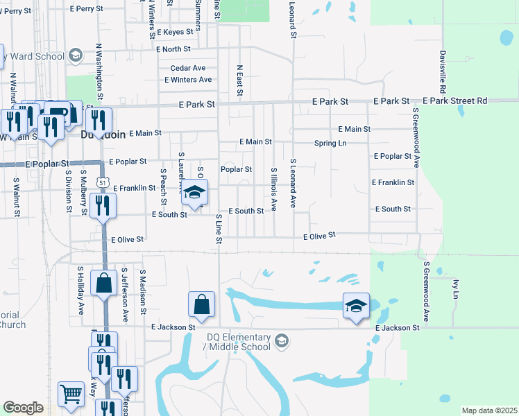 map of restaurants, bars, coffee shops, grocery stores, and more near 201-299 South Illinois Avenue in Du Quoin