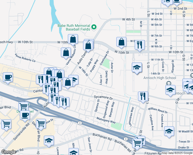 map of restaurants, bars, coffee shops, grocery stores, and more near 1701 Crestview Drive in Antioch