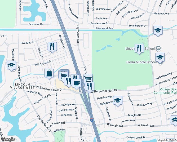 map of restaurants, bars, coffee shops, grocery stores, and more near 6724 Plymouth Road in Stockton