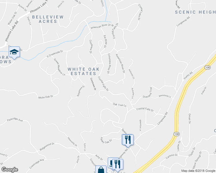 map of restaurants, bars, coffee shops, grocery stores, and more near 21257 American River Drive in Sonora