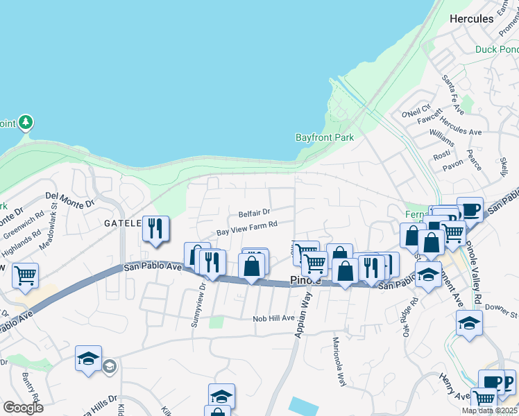 map of restaurants, bars, coffee shops, grocery stores, and more near 1264 Belfair Drive in Pinole