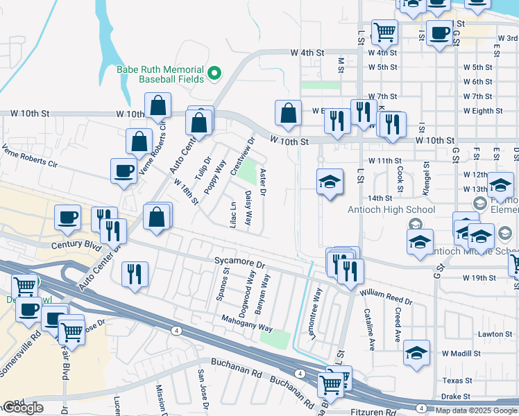 map of restaurants, bars, coffee shops, grocery stores, and more near 1330 Aster Drive in Antioch
