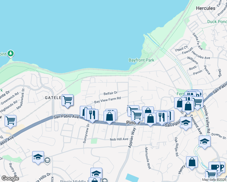 map of restaurants, bars, coffee shops, grocery stores, and more near 1264 Belfair Drive in Pinole