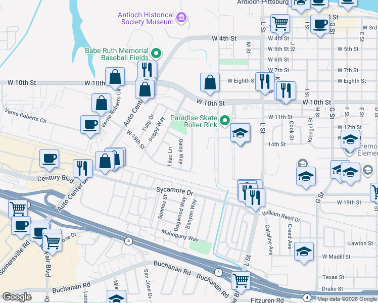 map of restaurants, bars, coffee shops, grocery stores, and more near 1330 Aster Drive in Antioch