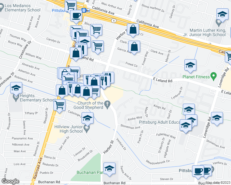 map of restaurants, bars, coffee shops, grocery stores, and more near 3033 Harbor Street in Pittsburg