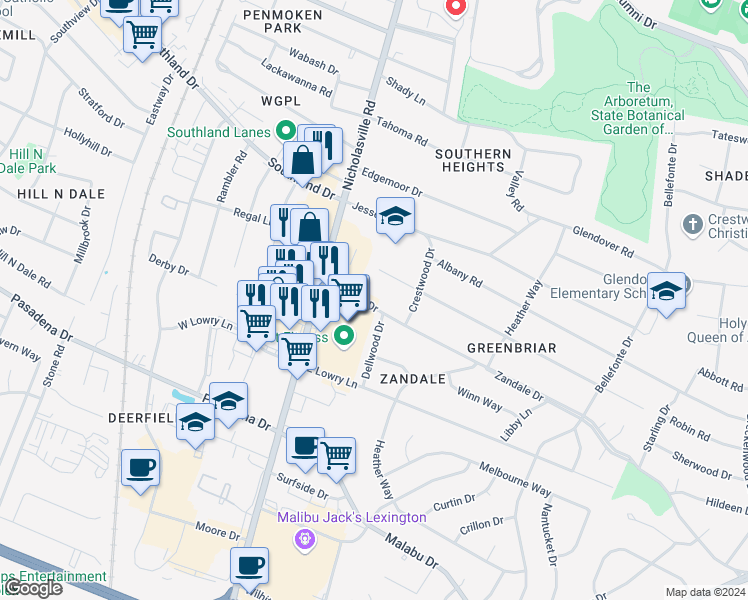 map of restaurants, bars, coffee shops, grocery stores, and more near 137 Zandale Drive in Lexington