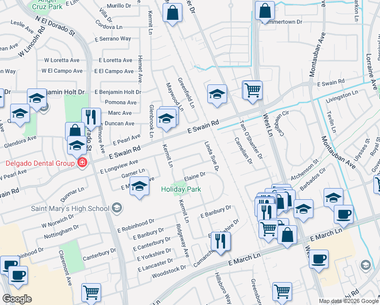 map of restaurants, bars, coffee shops, grocery stores, and more near 723 East Longview Avenue in Stockton