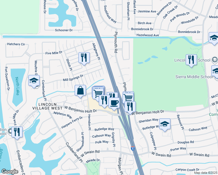 map of restaurants, bars, coffee shops, grocery stores, and more near 2937 Cushing Court in Stockton