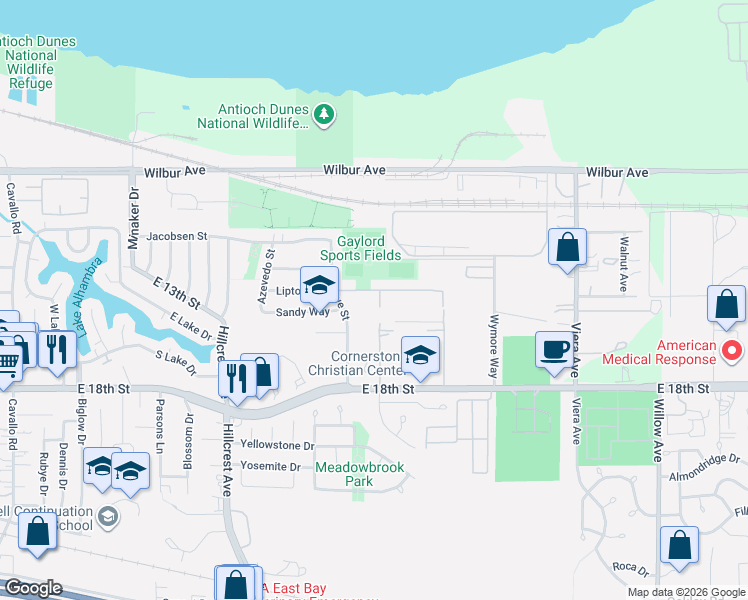 map of restaurants, bars, coffee shops, grocery stores, and more near 1613 Lipton Street in Antioch