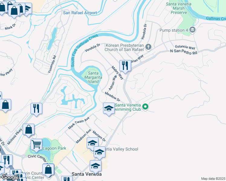 map of restaurants, bars, coffee shops, grocery stores, and more near 16 Adrian Way in San Rafael