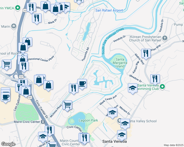 map of restaurants, bars, coffee shops, grocery stores, and more near 41 Mariners Circle in San Rafael
