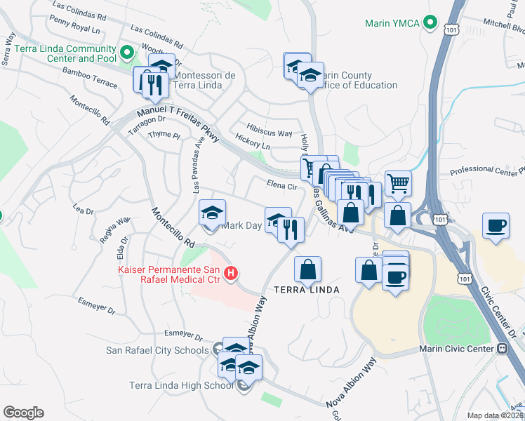 map of restaurants, bars, coffee shops, grocery stores, and more near 294 Arias Street in San Rafael