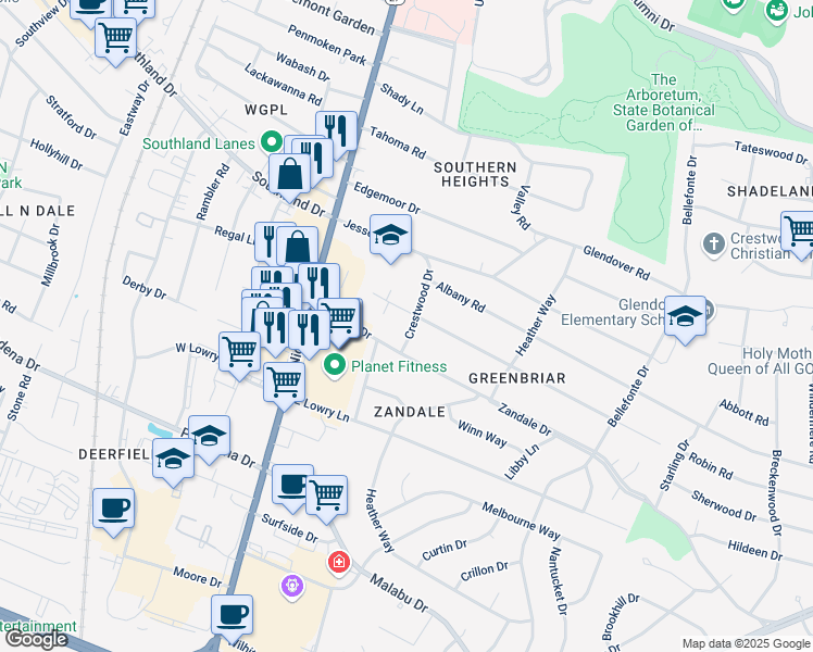map of restaurants, bars, coffee shops, grocery stores, and more near 120 Greenbriar Road in Lexington