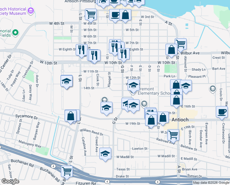 map of restaurants, bars, coffee shops, grocery stores, and more near 624 West Fourteenth Street in Antioch