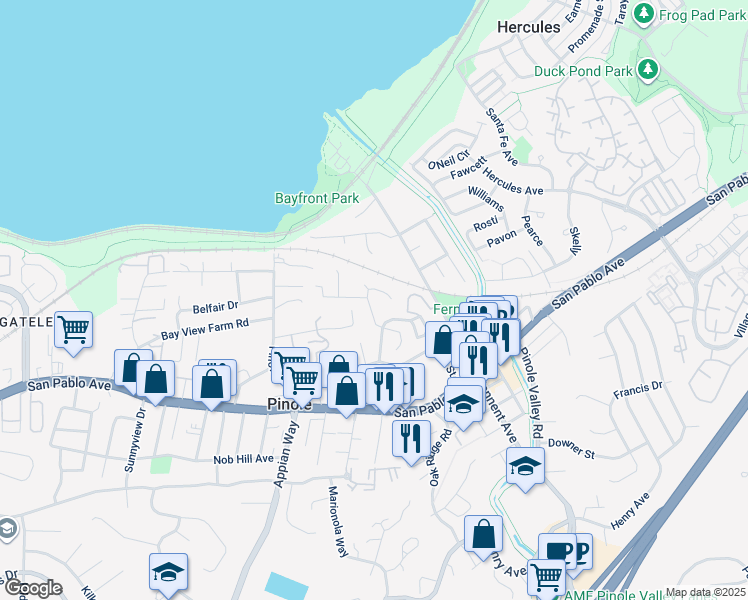map of restaurants, bars, coffee shops, grocery stores, and more near 375 Summit Drive in Pinole