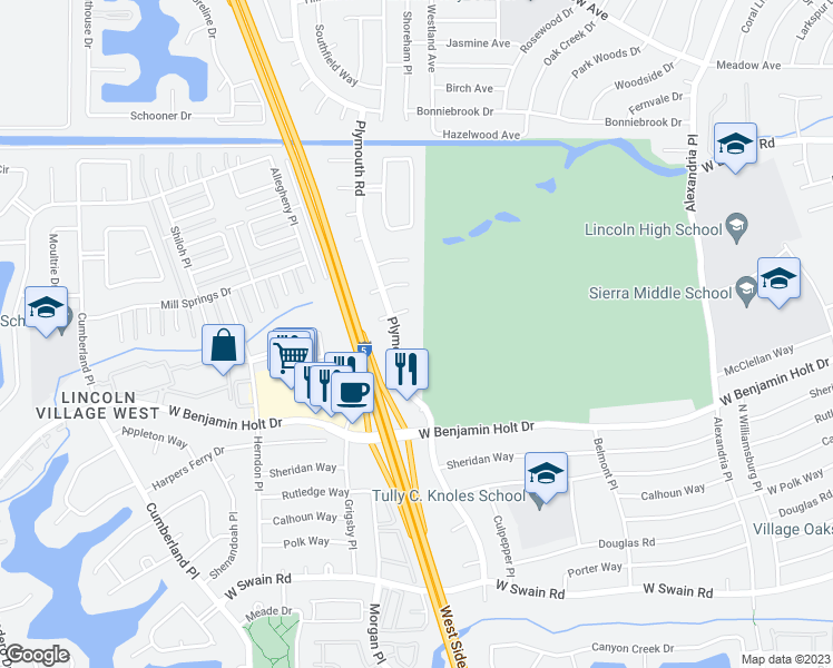 map of restaurants, bars, coffee shops, grocery stores, and more near 6724 Plymouth Road in Stockton