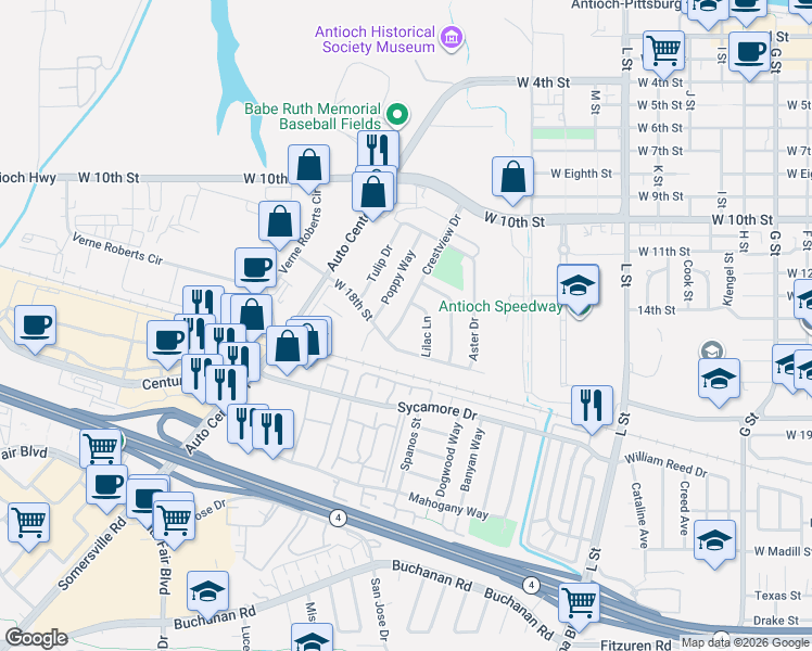 map of restaurants, bars, coffee shops, grocery stores, and more near 1701 Crestview Drive in Antioch