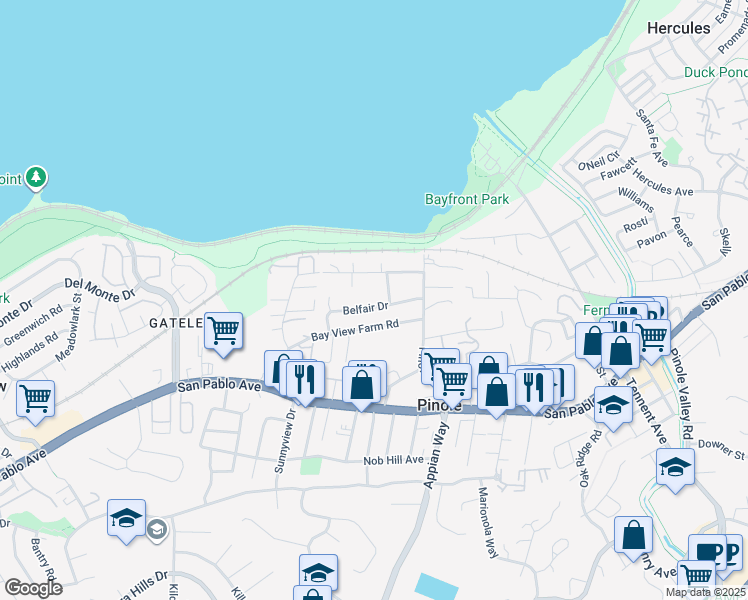 map of restaurants, bars, coffee shops, grocery stores, and more near 1264 Belfair Drive in Pinole