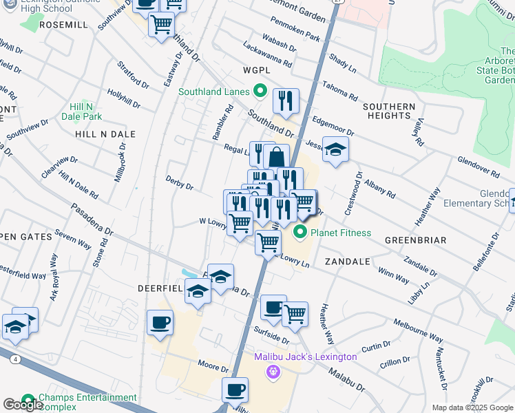 map of restaurants, bars, coffee shops, grocery stores, and more near 150 West Zandale Drive in Lexington