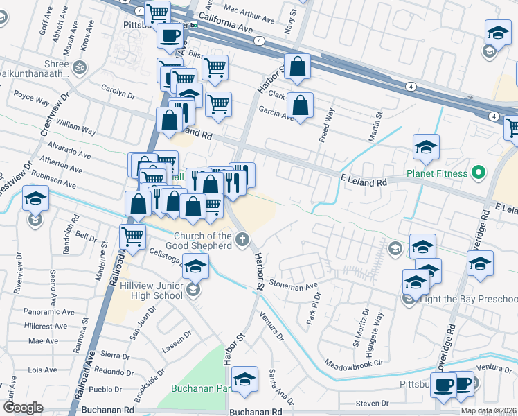 map of restaurants, bars, coffee shops, grocery stores, and more near 3033 Harbor Street in Pittsburg