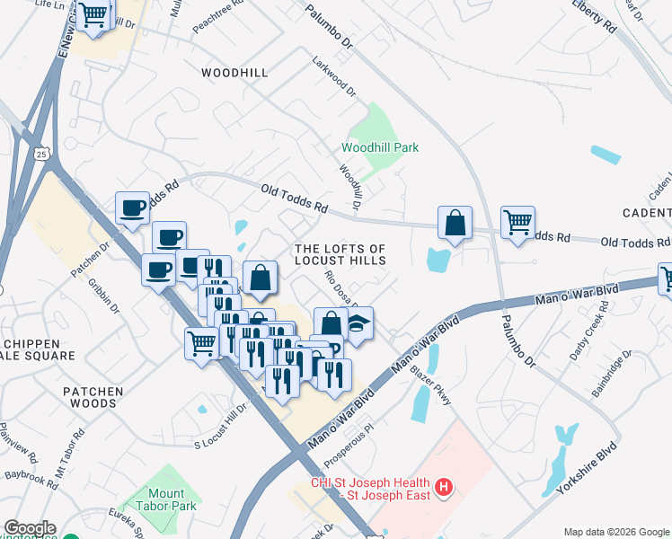 map of restaurants, bars, coffee shops, grocery stores, and more near 3025 Bonanza Drive in Lexington