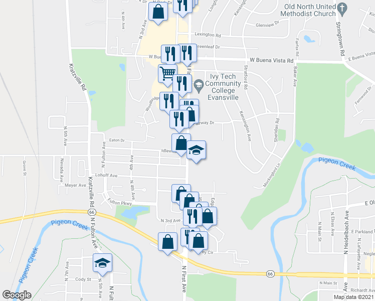 map of restaurants, bars, coffee shops, grocery stores, and more near 3115 North 1st Avenue in Evansville