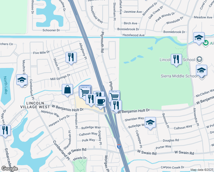 map of restaurants, bars, coffee shops, grocery stores, and more near 2926 Cushing Court in Stockton