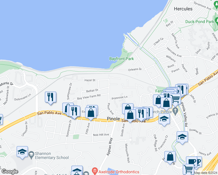 map of restaurants, bars, coffee shops, grocery stores, and more near Pinon Avenue & Belfair Drive in Pinole