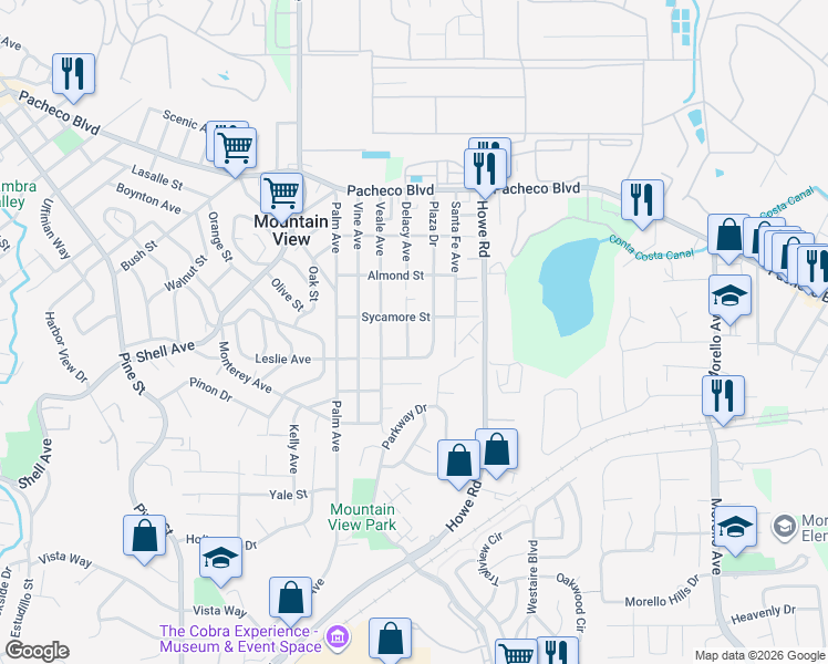 map of restaurants, bars, coffee shops, grocery stores, and more near 1040 Delacy Avenue in Martinez