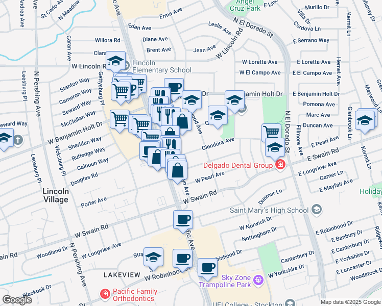map of restaurants, bars, coffee shops, grocery stores, and more near 443 Glendora Avenue in Stockton
