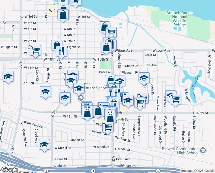 map of restaurants, bars, coffee shops, grocery stores, and more near 1311 B Street in Antioch