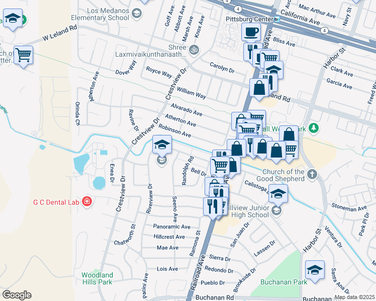 map of restaurants, bars, coffee shops, grocery stores, and more near 67 Robinson Avenue in Pittsburg