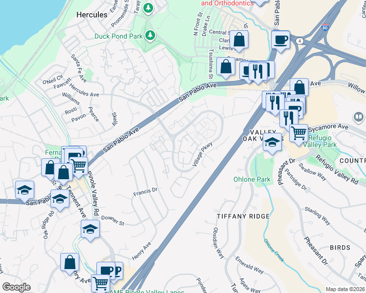 map of restaurants, bars, coffee shops, grocery stores, and more near 162 South Wildwood in Hercules