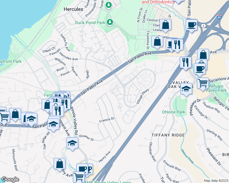 map of restaurants, bars, coffee shops, grocery stores, and more near 95 Glenwood in Hercules