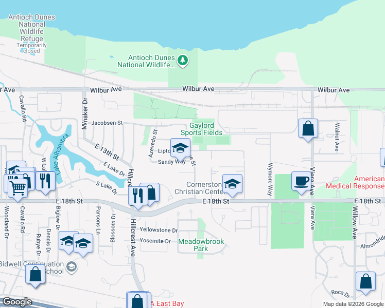 map of restaurants, bars, coffee shops, grocery stores, and more near 1604 Lipton Street in Antioch