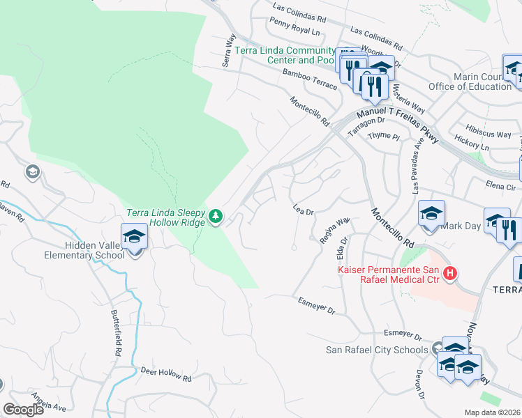 map of restaurants, bars, coffee shops, grocery stores, and more near 205 Danielle Way in San Rafael
