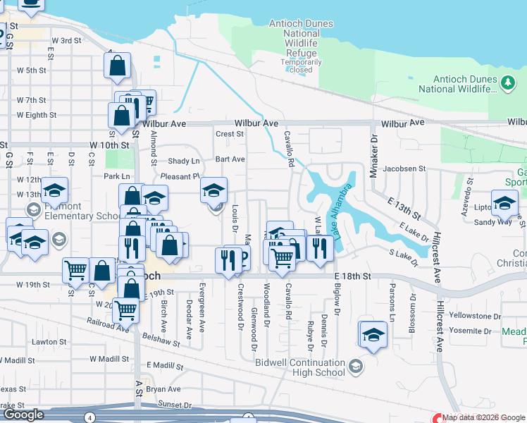map of restaurants, bars, coffee shops, grocery stores, and more near 1324 Noia Avenue in Antioch