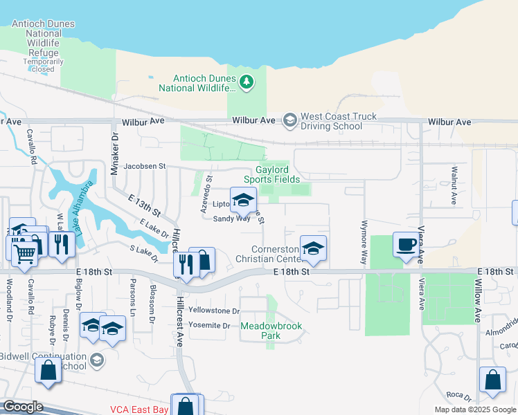 map of restaurants, bars, coffee shops, grocery stores, and more near 1604 Lipton Street in Antioch