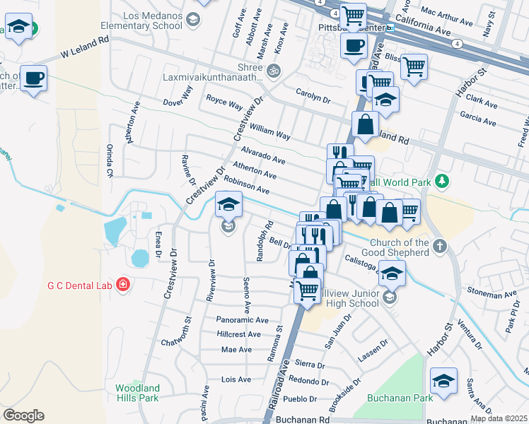 map of restaurants, bars, coffee shops, grocery stores, and more near 110 Alturas Avenue in Pittsburg