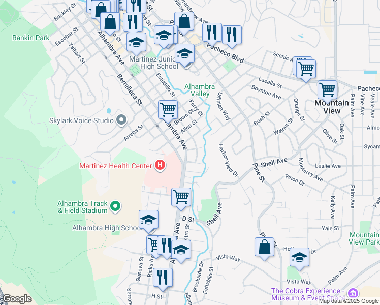 map of restaurants, bars, coffee shops, grocery stores, and more near 2201 Alhambra Avenue in Martinez