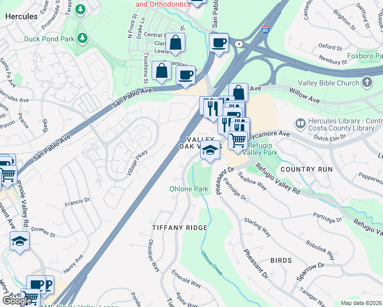 map of restaurants, bars, coffee shops, grocery stores, and more near 95 Crystal Circle in Hercules