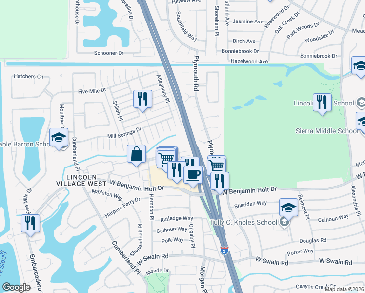 map of restaurants, bars, coffee shops, grocery stores, and more near 3278 Blue Ridge Circle in Stockton