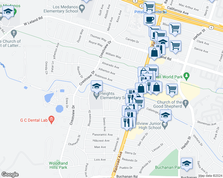 map of restaurants, bars, coffee shops, grocery stores, and more near 112 Alturas Avenue in Pittsburg