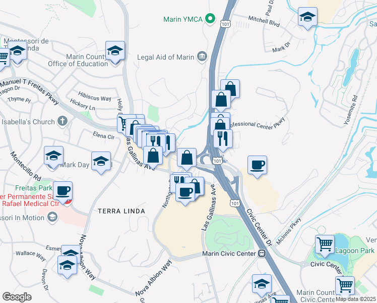 map of restaurants, bars, coffee shops, grocery stores, and more near 1040 Northgate Drive in San Rafael