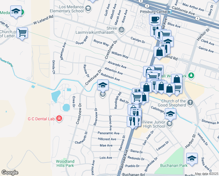 map of restaurants, bars, coffee shops, grocery stores, and more near Pittsburg Waterfront Road in Pittsburg